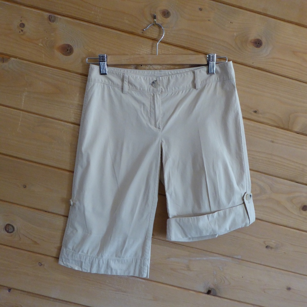 Theory Beige Tan Roll Up Wide Leg Bermuda Shorts Knee Length Pants Cotton Blend